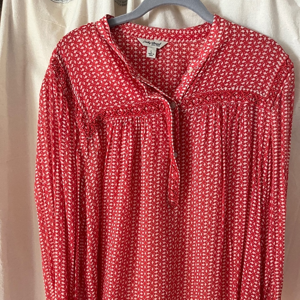 Lucky Brand Beaded Puff Sleeve Sheer Boho Peasant Blouse Size L